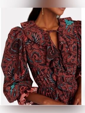 Ulla Johnson Ruffled Floral Peasant Blouse in Burgundy and Teal